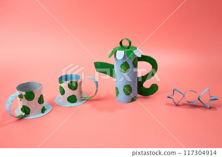 craft from a toilet roll. tea or coffee set. toy. made by a child. 117304914