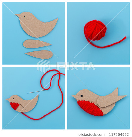 creation of bird craft, detailing steps from cut-out pieces to final stitched bird. Fun, creative DIY project, 117304932
