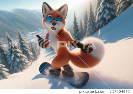 a cartoon fox on a snowboard in the snow, close up portrait shot, sunlight, winter time, vacation, concept 117304973