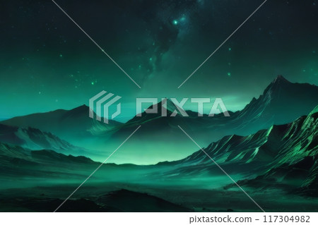 Dark mountains, Shimmering emerald dust, alien night landscape, a monochromatic teal palette. surreal ambiance. Dark mountains, Shimmering emerald dust, alien night landscape, a monochromatic teal palette. surreal ambiance. 117304982