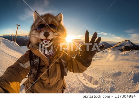 a stylized fox wearing in the snow resort, a portrait, skiing and winter leisure concept 117304984