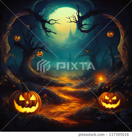 Halloween scene with a path across a dark ghost forest with hanging Jack O lanterns on the dry tree branches and a other world portal at the horizon in the night sky 117305016