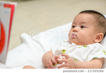 Baby listens intently to bedtime story. Baby listens intently to bedtime story. 117305268