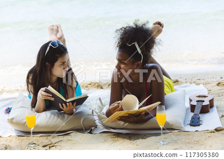 Woman on beach and sand during summer vacation. 117305380