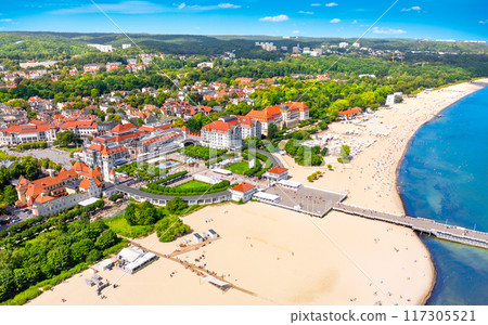 Sunny landscape of the resort town of Sopot and Molo - pier on the Baltic Sea. Poland 117305521