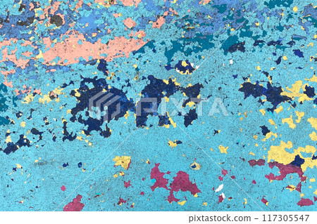 Colorful peeling paint floor background, texture of a multicolor old wall Colorful peeling paint floor background, texture of a multicolor old wall 117305547