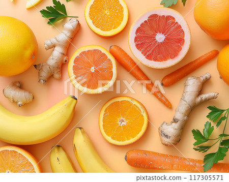 Healthy food fruits and vegetables for immunity boosting. Prevention and treatment of colds with vitamin C. Veggie or vegan food 117305571