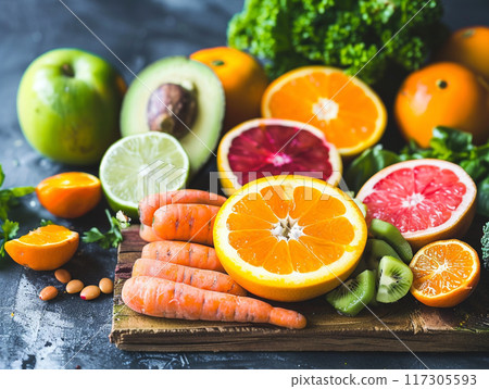Healthy food fruits and vegetables for immunity boosting. Prevention and treatment of colds with vitamin C. Veggie or vegan food 117305593