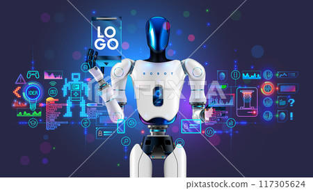 STEM education of kids in online internet school. Children study robotics, 3d printing, software development, technology. Template banner of IT school. Humanoid robot shows logo STEM online school. STEM education of kids in online internet school. Children study robotics, 3d printing, software development, technology. Template banner of IT school. Humanoid robot shows logo STEM online school. 117305624