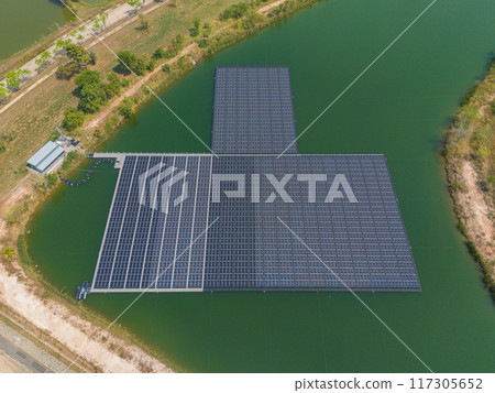 Power panels for green energy. Floating solar panels or solar cell Platform system on the lake Power panels for green energy. Floating solar panels or solar cell Platform system on the lake 117305652