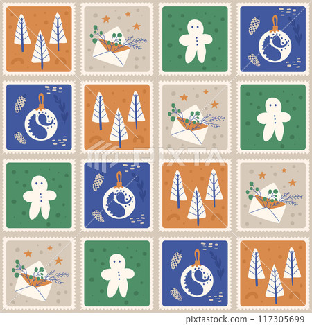 Vector Christmas seamless pattern. New Year celebration quilted flat repeat background. 117305699