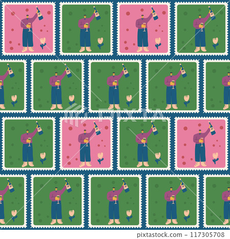 Toast quilted seamless pattern. Bento box man with glass of wine repeat background. Patchwork retro post stamps endless design. Vector hand drawn illustration. 117305708