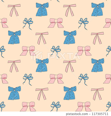 Bows seamless pattern. Decorative band endless background. Coquet gift and present beauty accessories repeat cover. Bowknot continuous ornament. Vector hand drawn illustration. 117305711