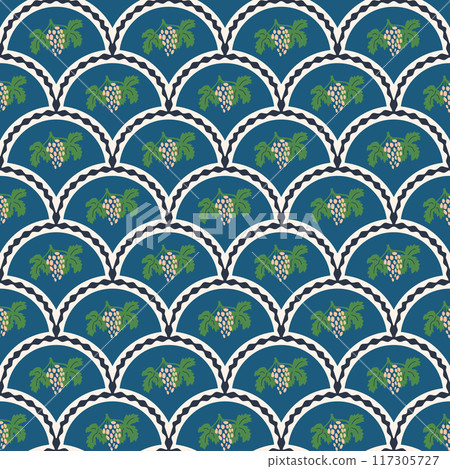 Grape scallop seamless pattern. Stylized harvesting bunch arch repeat background. Vector hand drawn flat illustration. Grape scallop seamless pattern. Stylized harvesting bunch arch repeat background. Vector hand drawn flat illustration. 117305727