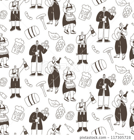 Oktoberfest seamless pattern. Doodle characters with alcohol drinks endless background. People with beverage continuous cover. Beer lovers repeat ornament surface. Vector illustration. Oktoberfest seamless pattern. Doodle characters with alcohol drinks endless background. People with beverage continuous cover. Beer lovers repeat ornament surface. Vector illustration. 117305728
