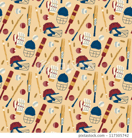 Cricket seamless pattern. Helmet, gloves, bats and balls endless background. Sport game equipment continuous ornament. Vector hand drawn illustration. Cricket seamless pattern. Helmet, gloves, bats and balls endless background. Sport game equipment continuous ornament. Vector hand drawn illustration. 117305742