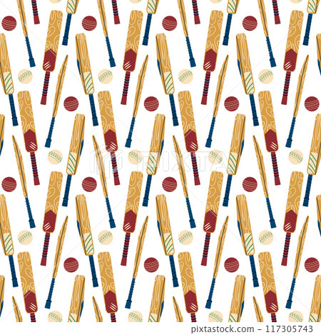 Cricket bats and balls seamless pattern. Sport game equipment continuous background. Vector hand drawn illustration. 117305743