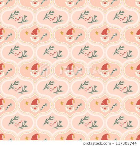 Merry Christmas damask seamless pattern. Santa Claus and pine branch repeat background. Happy New Yea retro endless design. Vector hand drawn illustration. 117305744