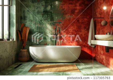 Modern bathroom with vibrant red and green walls Modern bathroom with vibrant red and green walls 117305763