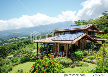 Eco-friendly lodge nestled in a lush green landscape, solar panels visible on the roof, promoting sustainable living and travel 117305765