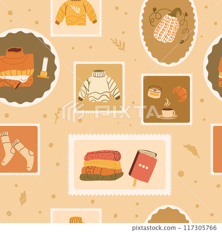 Elevated cozy rest checked seamless pattern. Autumn and winter activity repeat background. Reading and sweaters weather concept retro stamps endless design. Vector hand drawn flat illustration. 117305766