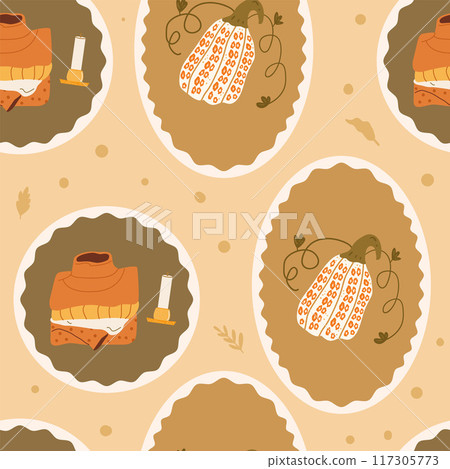 Cozy autumn round seamless pattern. Circle emblem with warm clothes, pumpkin and scented candle repeat background. Vector hand drawn flat illustration. 117305773