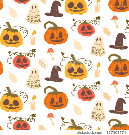 Halloween seamless pattern. All Hallows' Eve continuous background. Pumpkins, holiday ghosts, witch hats repeat surface cover. Vector hand drawn flat illustration. Halloween seamless pattern. All Hallows' Eve continuous background. Pumpkins, holiday ghosts, witch hats repeat surface cover. Vector hand drawn flat illustration. 117305774