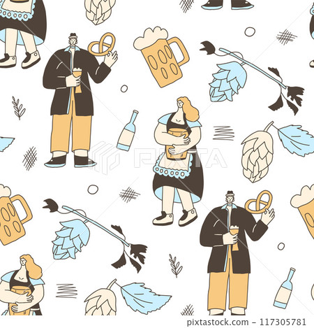 Oktoberfest people seamless pattern. Doodle characters with beer, pretzel and hop cones endless background. Autumn festive continuous cover. Beer lovers repeat ornament surface. Vector illustration. 117305781