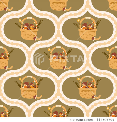Basket with mushrooms seamless pattern. Damask endless background. Forest mushroom piking retro repeat cover. Edible fungus loop ornament tile. Vector hand drawn flat illustration. Basket with mushrooms seamless pattern. Damask endless background. Forest mushroom piking retro repeat cover. Edible fungus loop ornament tile. Vector hand drawn flat illustration. 117305795