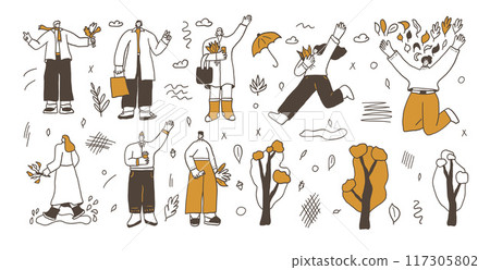 Set of autumn park walking people. Characters with fall leaves. Vector hand drawn doodle collection illustration isolated on white background. 117305802
