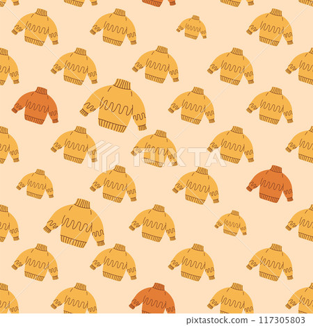 Casual sweaters seamless pattern. Cozy wear endless background. Pullover repeat cover. Vector hand drawn illustration. 117305803