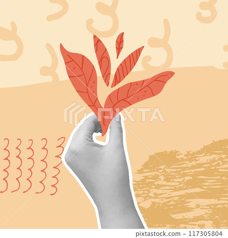 Autumn collage background. Hand holding fall leaves on abstract geometric shapes backdrop. Vector mixed illustration. 117305804