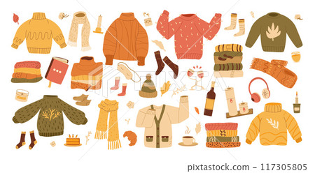 Set of cozy autumnal sweaters, scarves, socks, and warm accessories. Fall clothes kit. Vector hand drawn flat collection illustration isolated on white background. 117305805