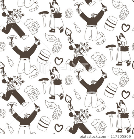Oktoberfest people seamless pattern. Doodle characters with alcohol drinks endless background. Oktoberfest continuous cover. Beer lovers repeat ornament surface. Vector illustration. 117305809