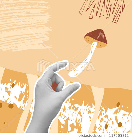 Autumn collage background. Hand sticker catching mushroom. Vector mixed illustration. 117305811