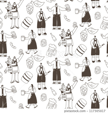Oktoberfest characters seamless pattern. Doodle people with alcohol drinks endless background. Beer lovers repeat ornament surface. Vector illustration. 117305817