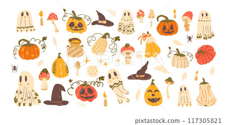 Halloween elements set. Pumpkins, holiday ghosts, witch hats and others kit. Collection of autumn festive. Candles, mushrooms and spider All Hallows' Eve. Vector illustration on white background. Halloween elements set. Pumpkins, holiday ghosts, witch hats and others kit. Collection of autumn festive. Candles, mushrooms and spider All Hallows' Eve. Vector illustration on white background. 117305821
