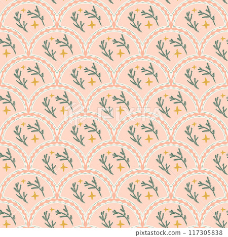 Christmas tree scallop seamless pattern. Happy New Yea arch repeat background. Yuletide pine branches retro endless design. Xmas decor surface. Vector hand drawn illustration. 117305838
