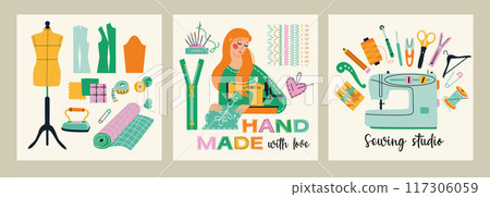 Illustrations set banners of sewing tools icons tailor hand made workshop Illustrations set banners of sewing tools icons tailor hand made workshop 117306059