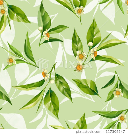 Seamless pattern with green tea leaves and flowers. Floral background Seamless pattern with green tea leaves and flowers. Floral background 117306247