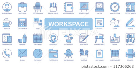 Workspace icons set in duotone outline stroke design for web. Pack pictograms of businessman, briefcase, office chair, pencil, book, board stand, laptop, coffee maker, other. Vector illustration. Workspace icons set in duotone outline stroke design for web. Pack pictograms of businessman, briefcase, office chair, pencil, book, board stand, laptop, coffee maker, other. Vector illustration. 117306268
