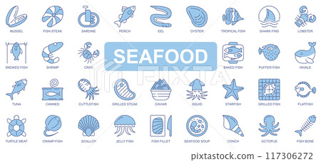 Seafood icons set in duotone outline stroke design for web. Pack pictograms of mussel, fish steak, sardine, perch, eel, oyster, shark fins, lobster, shrimp, crab, whale, other. Vector illustration. 117306272