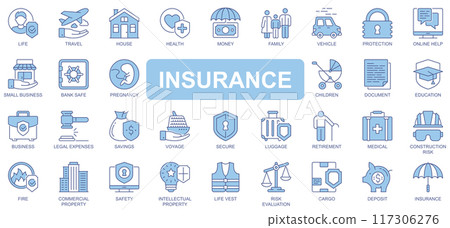 Insurance icons set in duotone outline stroke design for web. Pack pictograms of life, travel, house, health, money, family, vehicle, protection, small business, pregnancy, other. Vector illustration. 117306276
