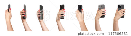 Berlin Germany July 21 2024 hand using phone isolated on white background. different angles, Berlin Germany July 21 2024 hand using phone isolated on white background. different angles, 117306281