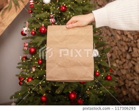 Christmas food delivery service. Hand holding paper bag mockup 117306293