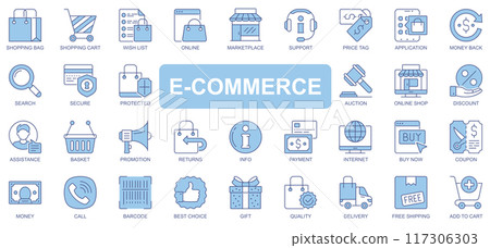E-commerce icons set in duotone outline stroke design for web. Pack pictograms of shopping bag, cart, wish list, marketplace, support, price tag, search, auction, shop, other. Vector illustration. 117306303
