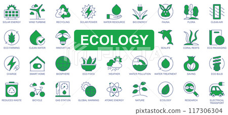 Ecology icons set in duotone outline stroke design for web. Pack pictograms of solar energy, wind turbine, recycling, resource, bio, fauna, flora, air clean, eco farming, other. Vector illustration. Ecology icons set in duotone outline stroke design for web. Pack pictograms of solar energy, wind turbine, recycling, resource, bio, fauna, flora, air clean, eco farming, other. Vector illustration. 117306304