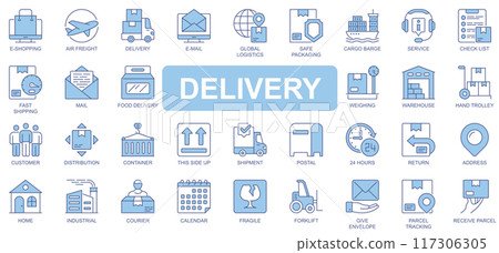 Delivery icons set in duotone outline stroke design for web. Pack pictograms of e-shopping, freight, email, global logistic, safe packaging, cargo, fast shipping, courier, other. Vector illustration. 117306305