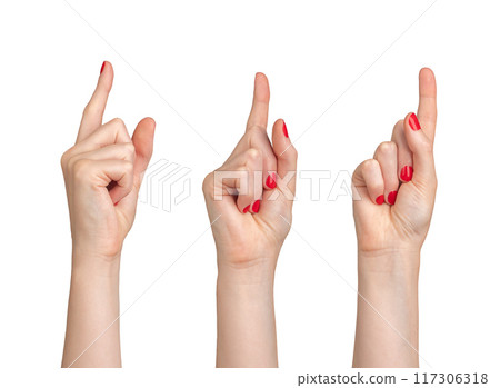 Fingers indicating, pointing up, showing something, set isolated on white background Fingers indicating, pointing up, showing something, set isolated on white background 117306318