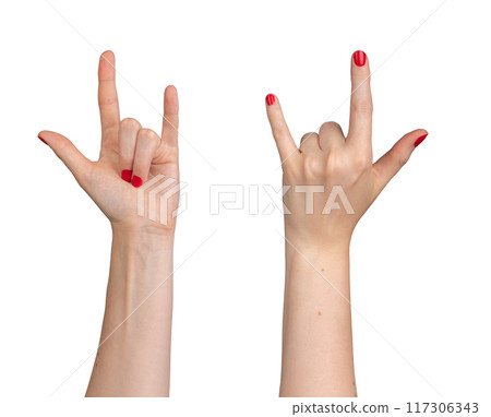 rock horns sign, gesture isolated on white background 117306343